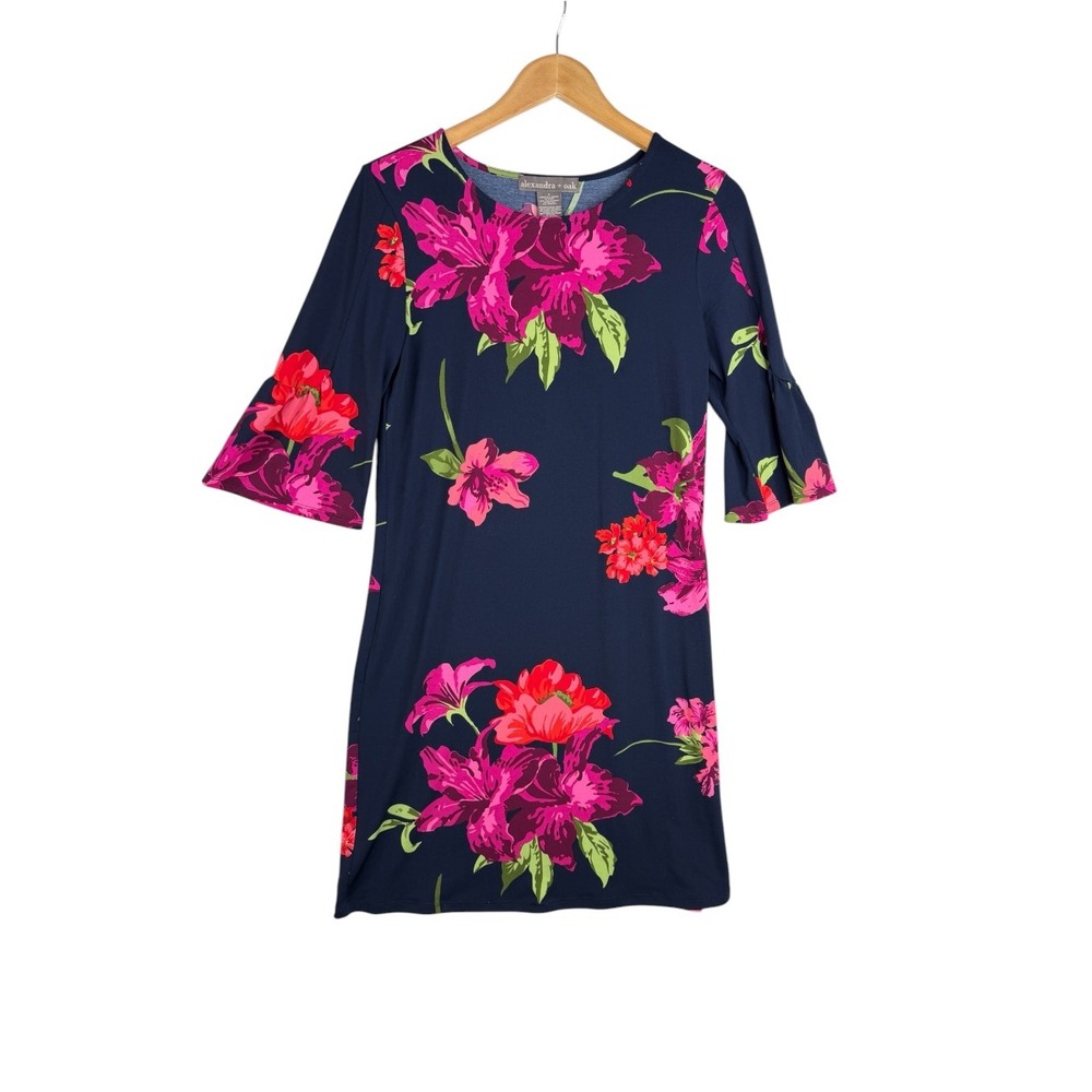 Alexandra + Oak Floral Print 3/4 Bell Sleeve Shift Dress size Small Blue/Pink